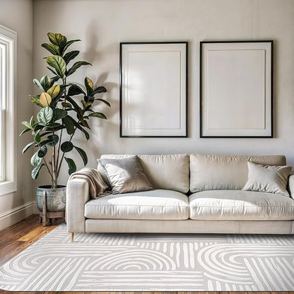 Beverly Rug Modern Geometric Area Rug 5x7 Low-High Pile Durable Soft Abstract Curved Indoor Rugs for Living Dining Room Office Stain Resistant Non Shedding Casual Indoor Carpet Beige White 5 x 7