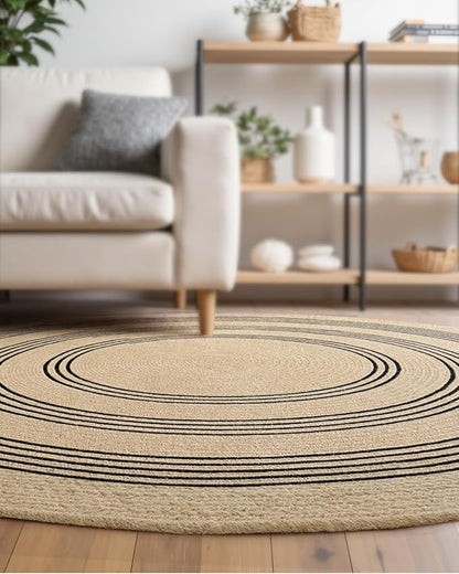 DEXI Round Jute Rug Natural Fiber 5x5, Braided Woven Area Rugs No Shed, Soft Neutral Rustic Carpet Mat for Indoor Outdoor Patio Dining Living Room Bedroom Farmhouse, 5ft, Beige/Black