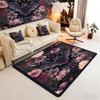 Black Floral Bat 3x5 Area Rug Halloween Bats Rugs for Living Room | Boho Flowers Washable Rug, Romantic Plant Gothic Carpet Indoor Floor Mat