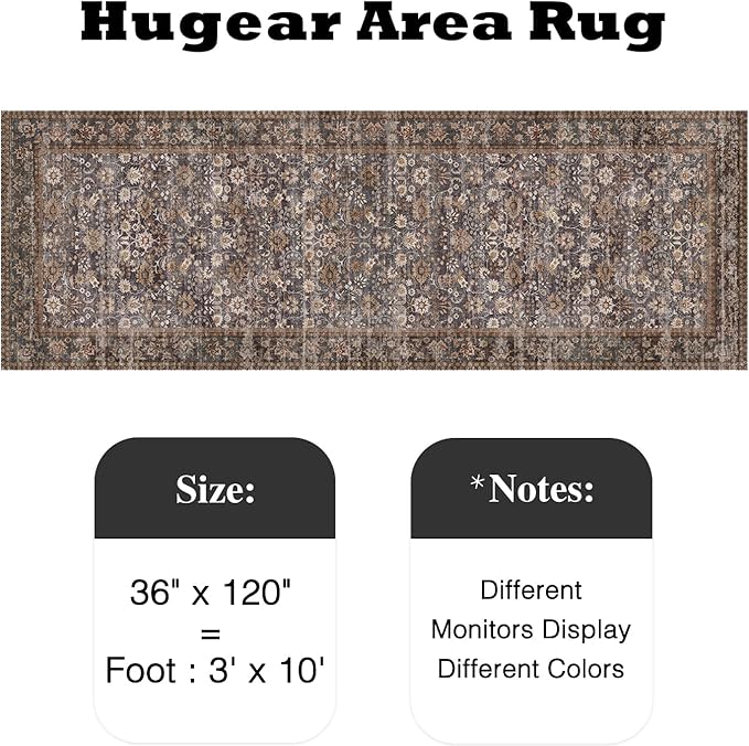 HUGEAR 3x10 Runner Rug Machine Washable Tradition Brown Hallway Area Rug Indoor Accent Rug Floral Low Pile Carpet Soft Throw Rug Bedroom Living Room Office Dining Room Kitchen Laundry Room Non Slip