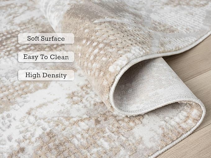 Adel Modern Area Rug for Living Room, 5x7 Rustic Distressed Abstract Beige Neutral Rug, Medium Pile Stain Resistant Carpet for Bedroom, Dining Room or Kitchen (5' x 7', Beige)