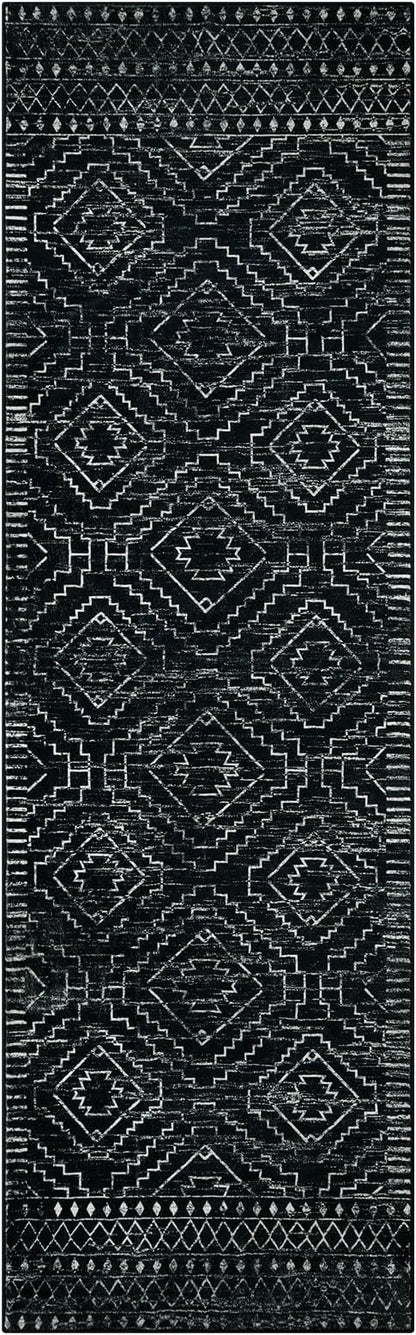 Wonnitar Moroccan Runner Rugs for Hallway 2'6"x8', Black Washable Boho Kitchen Non-Slip Rug Runner, Geometric Tribal Long Soft Bathroom Accent Area Rug for Entryway Laundry Bedroom (Black,2'6"x8')