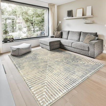 GLN Rugs Contemporary Collection - Machine Washable Area Rug, Contemporary Washable, Non Slip, Low Pile Chenille Rug, Living Room, Bedroom, Kitchen Rug (6' x 9' Lines Cream)