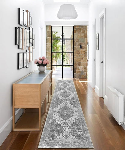 vivorug Grey Runner Rug 2x10 Machine Washable Rug with Non-Slip Backing, Ideal for Kitchen Hallway Entryway Laundry Room - Vintage Floral, Durable, Easy Clean, Low Pile Carpet Runner