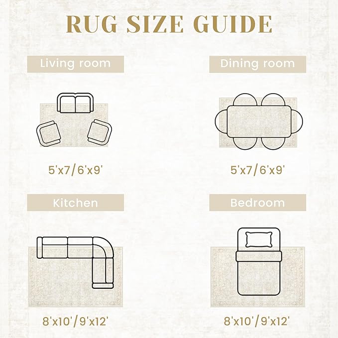 8x10 Area Rugs for Living Room: Washable Large Vintage Floral Rug Low Pile Non-Slip Boho Carpet for Bedroom Dining Home Office (Beige, 8'x10')
