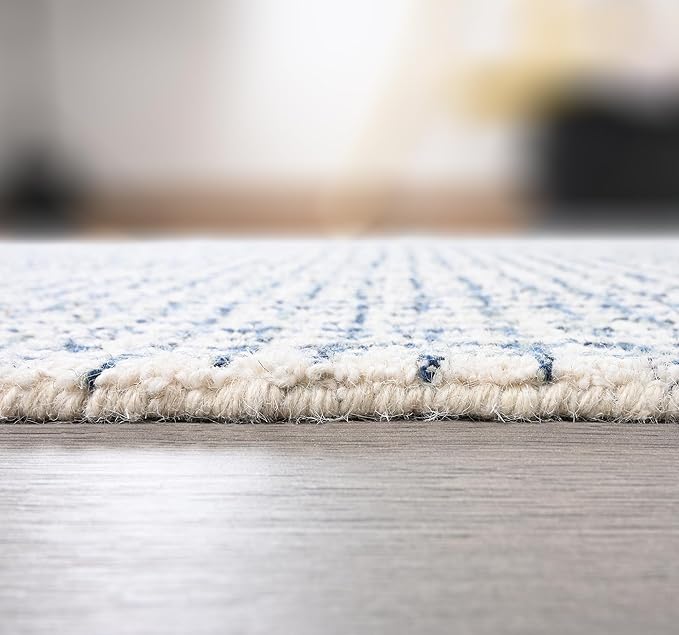 Hand-Tufted 100% Wool Pile Area Rug – Geometric Textured Grid Check Pattern – Thick and Durable Floor Carpet for Bedroom, Living Room, Kids Room, and Dining Area (Ivory, Denim, 10' x 14')