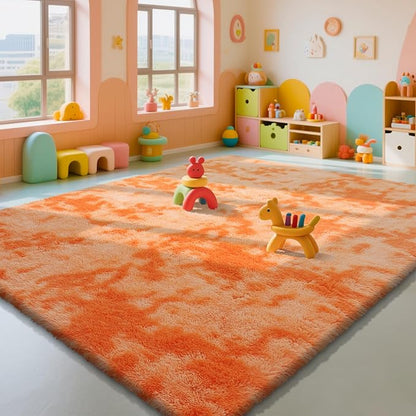 Mottling Orange Fluffy Rug Shaggy Area Rug, 8x10 Area Rugs for Girls Bedroom, Big Soft Shaggy Bedside Non-Slip Plush Dorm Nursery Kids Carpet Home Decor Aesthetic