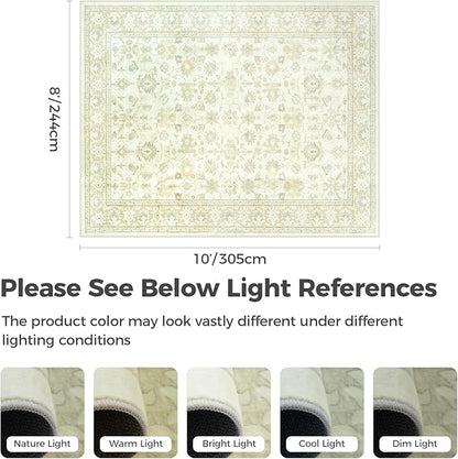 LIVEBOX Washable Area Rug 8x10 - Large Beige Boho Living Room Rug Vintage Rugs for Bedroom, Non-Slip Retro Floral Carpet Print Distressed Accent Rugs for Dining Room Home Office