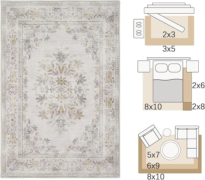 jinchan Vintage Floral Runner Rug 2x6 - Machine Washable Distressed Design Non-Slip Low-Pile Soft Thin Carpet for Hallway Kitchen Farmhouse Bedroom Entryway Laundry Room (2x6ft, Light Grey)