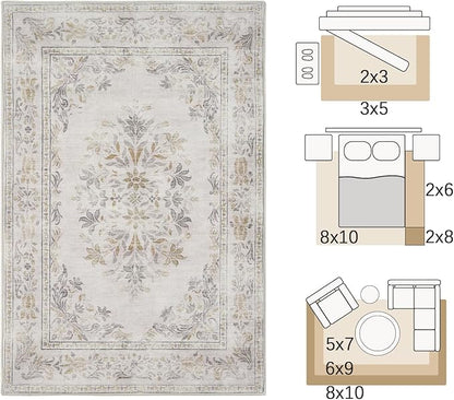 jinchan Vintage Floral Runner Rug 2x6 - Machine Washable Distressed Design Non-Slip Low-Pile Soft Thin Carpet for Hallway Kitchen Farmhouse Bedroom Entryway Laundry Room (2x6ft, Light Grey)
