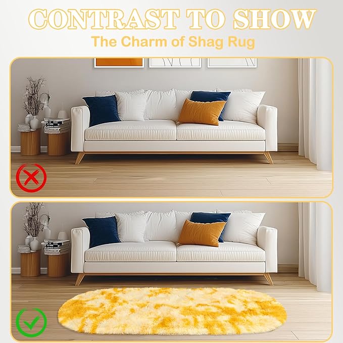 Soft Fluffy Area Rug for Bedroom, Fuzzy Shaggy Oval Throw Rugs for Bedside, Non-Slip Cozy Plush Shag Carpet for Kids Room Nursery Dorm Living Room, Tie Dye Yellow, 2.6 x 5.3 Feet, 2 Packs