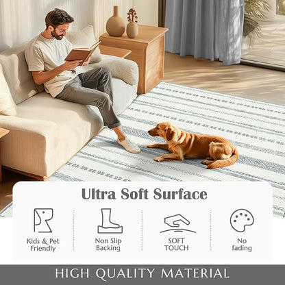 jinchan Moroccan Boho 8x10 Area Rugs for Living Room - Machine Washable Soft Throw Rug Bohemian Ripple Design Non-Slip Neutral Carpet for Bedroom Dining Room Home Office (8‘x10', Grey)