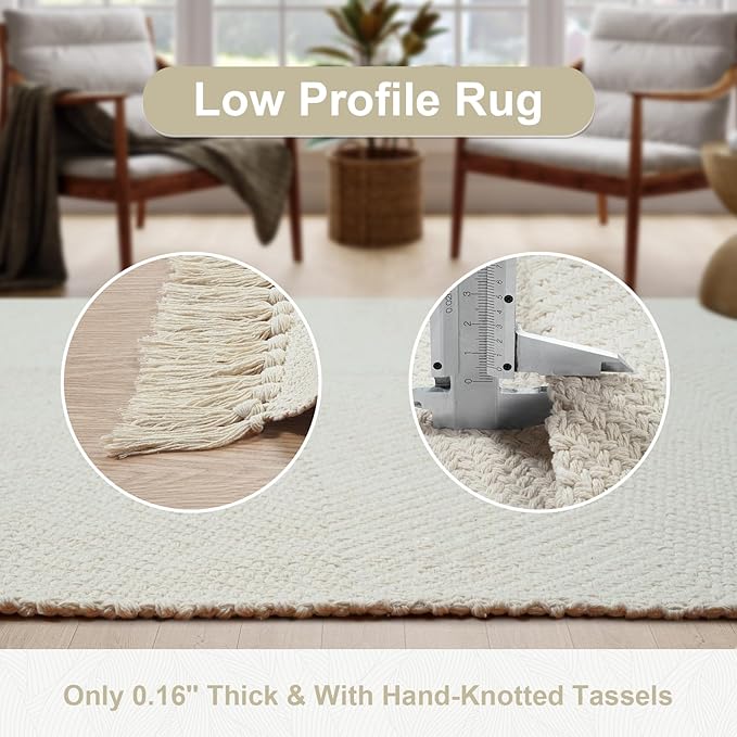 Collive Washable Area Rug 3' x 5', Modern Woven Kitchen Rugs, White/Beige Braided Cotton Rug Indoor Door Mat Throw Carpet for Entryway Living Room Nursery Mudroom Laundry Room