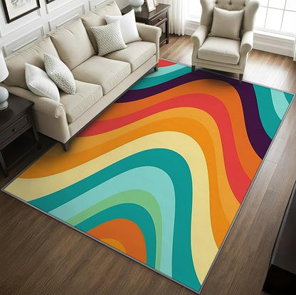 Retro Rugs for Living Room 70s - 8x10 Area Rugs, Abstract Wave Living Room Rug, Colorful Rainbow Rug for Bedroom, Groovy Geometric Washable Carpet, Mid Century Retro 70s Home Decor & Gifts