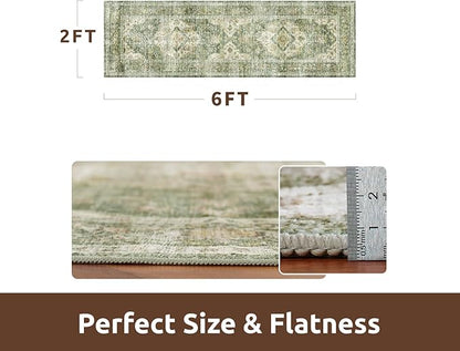 AMOAMI-2X6 Runner Rug-Washable Runners for Hallways-Soft Non Slip Bedside Rugs for Bedroom-Vintage Long Rug for Hallways Entryway Laundry Room Stair Kitchen Bathroom Olive Green