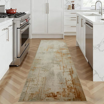 Joydeco 2x6 Runner Rug for Hallway, Modern Abstract Non-Slip Soft Washable Rugs, Low Pile Carpet for Entryway, Kitchen, Bedroom, Laundry, Light Brown & White & Beige