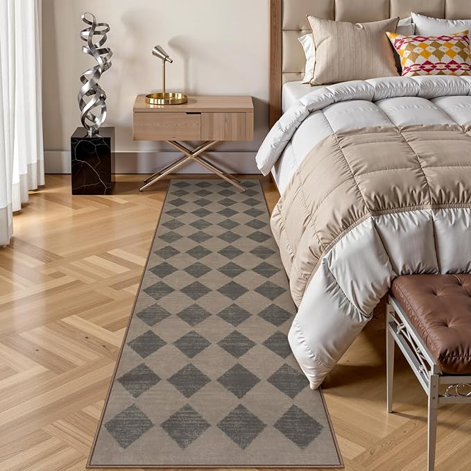 Lahome Checkered Washable 2x8 Brown Runners for Hallways Non Slip, Ultra-Thin Kitchen Bathroom Runner Rugs, Moroccan Trellis Throw Carpet Runner for Bedroom Entryway Decor (2'x8',Brown)