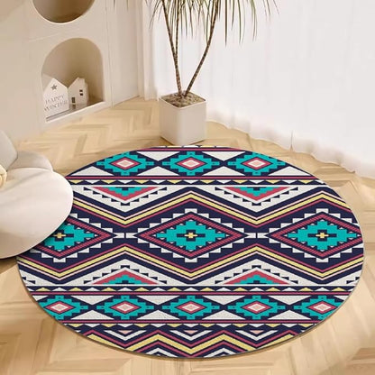 Native Tribal Geometry Round Rug Vintage Blue White Living Room Bedroom Area Rug Non Slip Soft Low Pile Washable Indoor Floor Carpet for Dining Room Kitchen Office Entryway 4ft