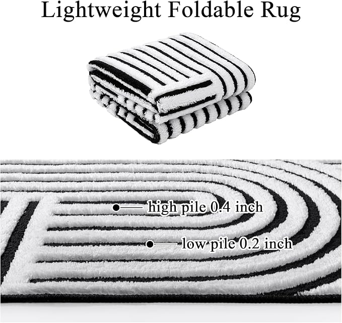 SHACOS Soft Cozy Fluffy Arch Pattern High Low Pile Rugs 3'x5' Non Slip Washable Scandinavian Minimalist Rug Modern Geometric Arc Carpet for Living Room Bedroom Dining Room, Black White
