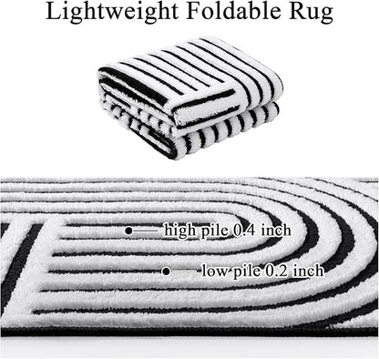 SHACOS Soft Cozy Fluffy Arch Pattern High Low Pile Rugs 3'x5' Non Slip Washable Scandinavian Minimalist Rug Modern Geometric Arc Carpet for Living Room Bedroom Dining Room, Black White
