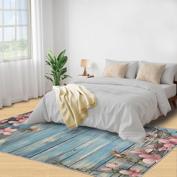8x10 Vines Rugs for Living Room - Vintage Wood Panels Large Area Rug, Rural Flowers Modern Boy Nursery Rug Soft Washable for Classroom Office Bedroom Kids Room