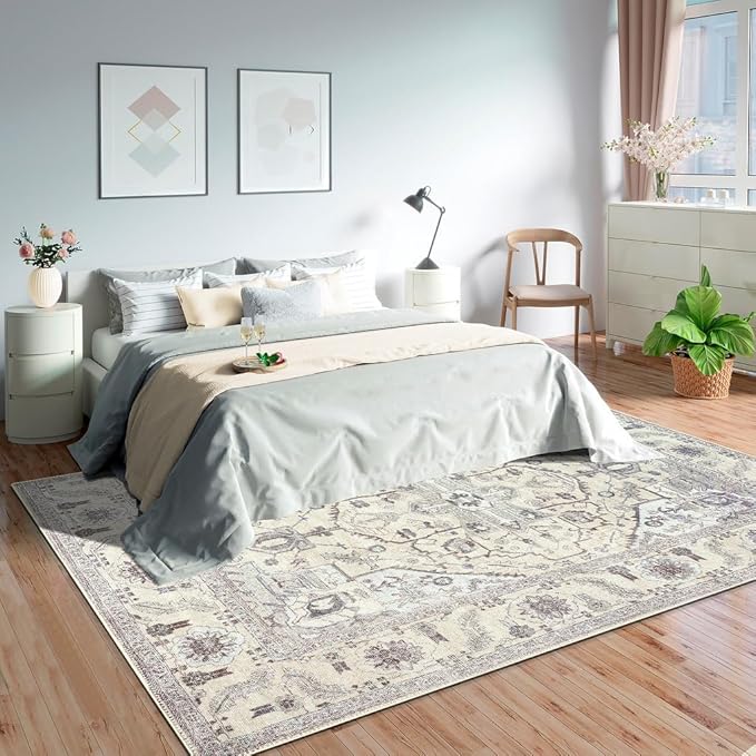 GLN Rugs Traditional Collection - Machine Washable Area Rug, Traditional Washable, Non Slip, Low Pile Chenille Rug, Living Room, Bedroom, Kitchen Rug (3' x 5' Cream/Gray)
