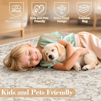 Wonnitar Washable Living Room Rugs, 8x10 Area Rugs for Room Decor, Beige Non Slip Ultra-Thin Soft Cozy Vintage Floral Distress Neutral Carpet for Bedroom Dining Room Farmhouse Playroom