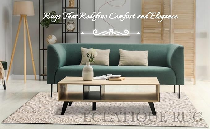 Elegant Rectangular Rug Cowhide Leather Stylish Luxury Non Slip Chevron Patchwork Area Rug for Living Room and Indoor Floor Carpet (Beige-3 x 8 ft)