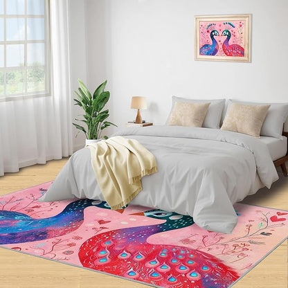 Cartoon Peacock Rug Small - 4x5 Rug, Colorful Peacock Washable Rugs for Living Room, Floral Botanical Carpet, Boho Non-Slip Area Rugs for Bedroom, Peafowl Carpet - Peafowl Home Decor & Gifts