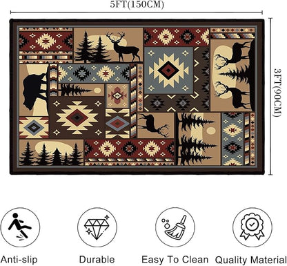 Rustic Cabin Wildlife Area Rug 3x5 Washable Bedroom Rug,Buffalo Plaid Bear Moose Deer Country,Farmhouse Throw Rugs Non Slip Area Carpet Small Floor Carpets Mat for Entryway,Living Room,Laundry,Office
