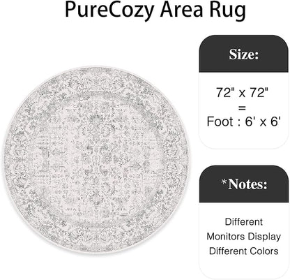 Grey Round Area Rug 6ft Entryway Door Mat Small Circle 6x6 Kitchen Vintage Carpet Non Slip Indoor Bedroom Washable Distressed Floral Retro Accent Throw Rug Office Bathroom
