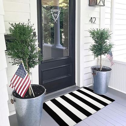 KOZYFLY Black and White Area Rug 27.5x43 Inches Striped Front Door Rug Cotton Washable Indoor Outdoor Rug Doormats Outdoor Small Striped Rugs for Kitchen Entryway Patio Front Porch Decor