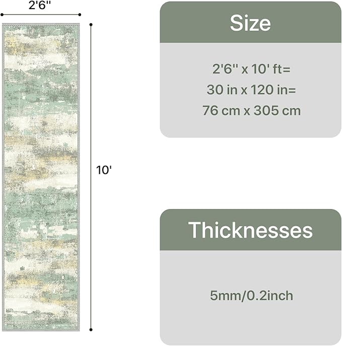 GENIMO Runner Rug Non Slip 2'6"x10', Washable Rug Runner for Hallways Kitchen, Abstract Modern Kitchen Rugs, Low Pile Lightweight Carpet Runners for Entryway, Bedroom, Laundry, Light Green