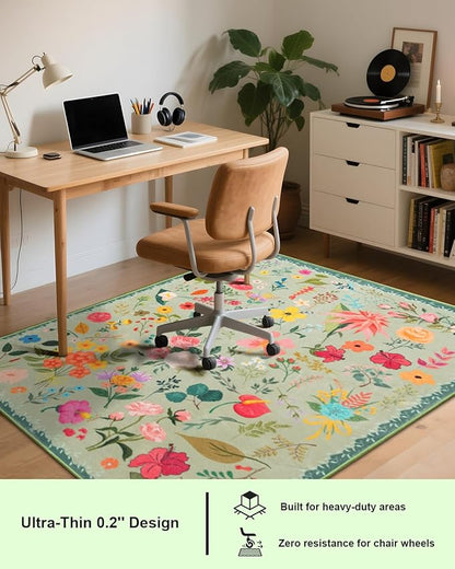 Boho Washable Area Rug 4x6 – Floral Low Pile Non-Slip Carpet for Living Room, Bedroom, Office, Playroom, Entryway, Kitchen, Dining Room (Green)