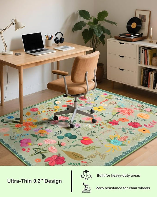 Boho Washable Area Rug 4x6 – Floral Low Pile Non-Slip Carpet for Living Room, Bedroom, Office, Playroom, Entryway, Kitchen, Dining Room (Green)