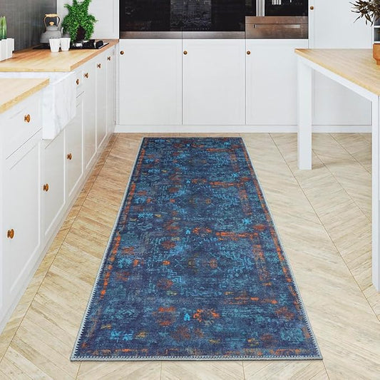 GLN Rugs Contemporary Collection - Machine Washable Area Rug, Contemporary Washable, Non Slip, Low Pile Chenille Rug, Living Room, Bedroom, Kitchen Rug (2'6" x 7' Midnight/Multi)