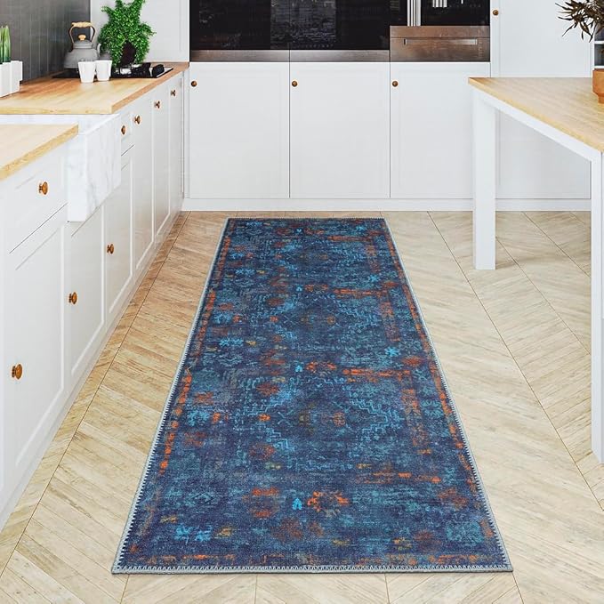 GLN Rugs Contemporary Collection - Machine Washable Area Rug, Contemporary Washable, Non Slip, Low Pile Chenille Rug, Living Room, Bedroom, Kitchen Rug (2'6" x 10' Midnight/Multi)