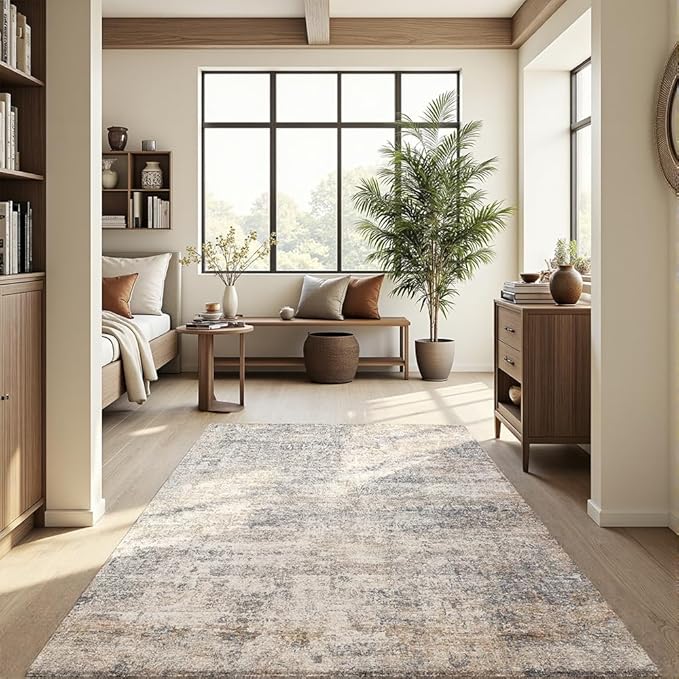 Area Rug 5x7 Washable Rug Grey and Beige for Living Room, Dining Room, Bedroom, Large Carpets, Non Slip & Non-Shedding Low Pile Vintage Print Rug for Home Office Decor