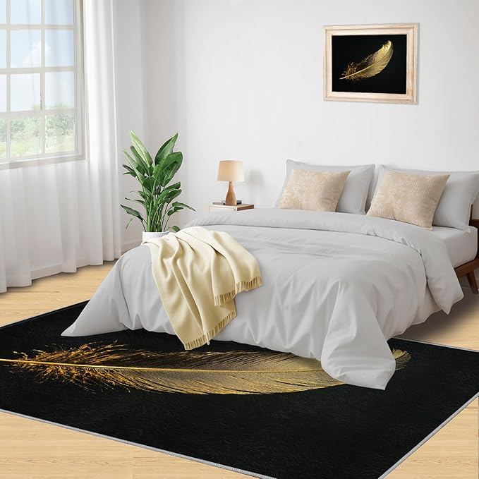 Golden Feathers Rugs for Bedroom - 6x9 Area Rug - Black Gold Feathers Rugs for Living Room, Modern Minimalist Art Rug, Washable Home Decor Carpet