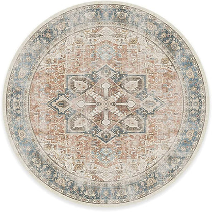 RUGGABLE Washable Vintage Area Rug – Kamran Coral 8 ft Round, Stain-Resistant, Non-Slip – Large Machine Washable Rugs for Living Room, Bedroom, Hallway, Entryway & Office–with Cushioned Pad