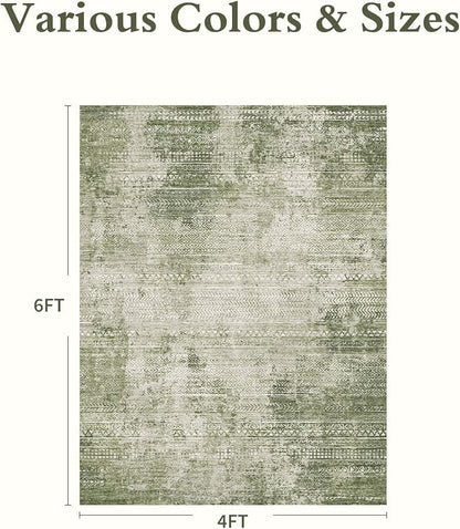 4x6 Area Rugs for Living Room Non Slip Machine Washable Rug Distressed Abstract Soft Indoor Carpet Neutral Boho Rug for Bedroom Dining Room Playroom Office, Green