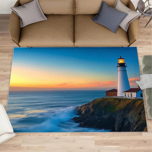 Coastal Rugs for Bedroom - 5x6 Area Rug - Ocean Lighthouse Rugs for Living Room, Sunset Ocean Scenery Rug, Non-Slip Washable Home Decor Carpet