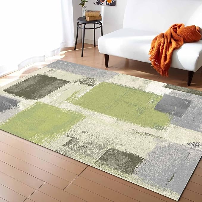 Sage Green Rectangular Area Rugs for Living Room Bedroom 4 x 6 ft Abstract Paint Texture Modern Art Non-Shedding Soft Low Pile Rug Non Slip Washable Rug for Nursery Entryway Playroom