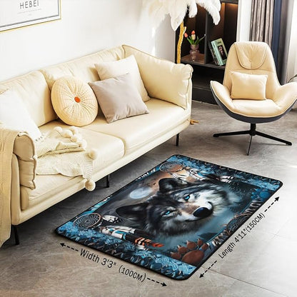 Western Wolf 3 x 5 Area Rug Bohemian Dream Catchers Rugs for Living Room | Woodland Animals Washable Rug, Dreamcatcher Wildlife Carpet Indoor Floor Mat