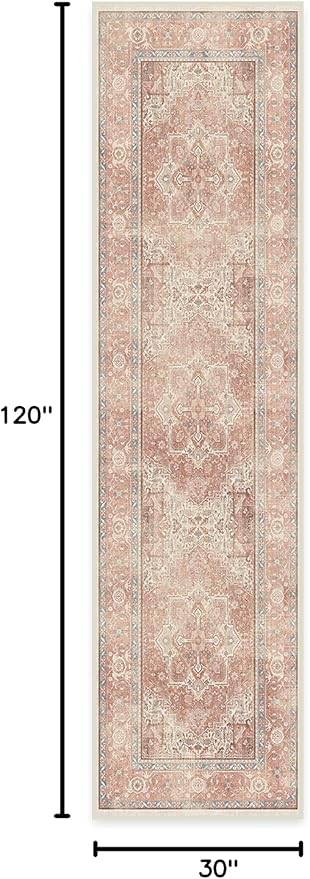 RUGGABLE Washable Runner Rug – Kamran Rose Pink 2.5x10, Stain-Resistant, Non-Slip Hallway Runner – Machine Washable Rug for Hallway, Entryway, Living Room & Kitchen–with Cushioned Pad