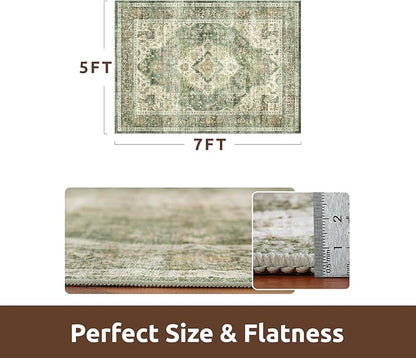 AMOAMI-Area Rug 5X7 Rugs for Living Room-Vintage Soft Green Rugs for Bedroom-Non Slip Carpet-Machine Washable Rug for Dining Room Living Room Bedroom Office Under Table