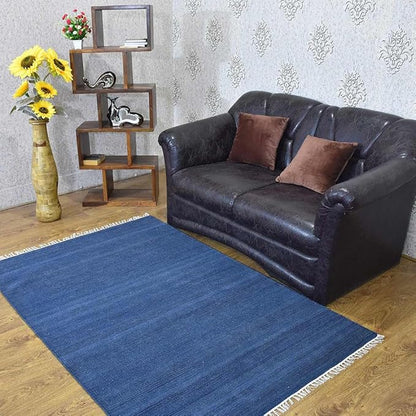 Rugsotic Carpets Hand Woven Flat Weave Kilim Wool ECO-Friendly Area Rugs - 9'x12', Rectangle Shape, Blue Color, Solid Plain Design, Low Pile Handmade Area Rugs for Living Room, Bed Room (D00111)