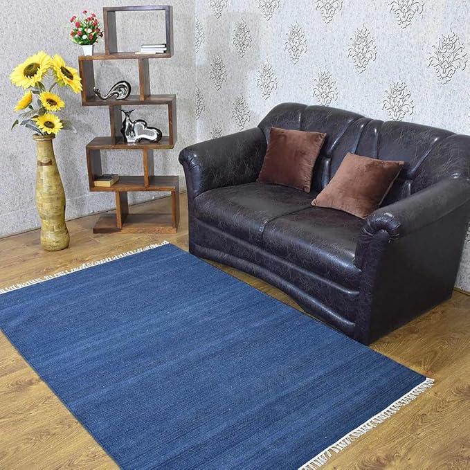 Rugsotic Carpets Hand Woven Flat Weave Kilim Wool ECO-Friendly Area Rugs - 8'x10', Rectangle Shape, Blue Color, Solid Plain Design, Low Pile Handmade Area Rugs for Living Room, Bed Room (D00111)