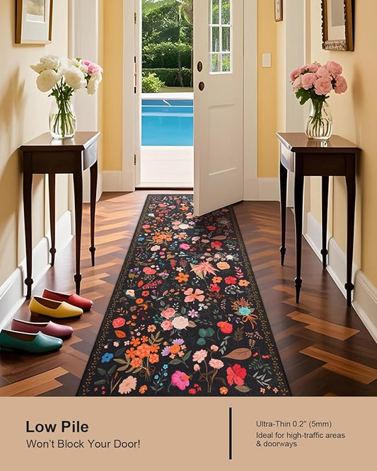 Boho Floral Runner Rug 2x6, Washable Non-Slip Kitchen Rug, Ultra Soft Vintage Carpet for Hallways, Kitchen, Bedroom, Bathroom (Black)