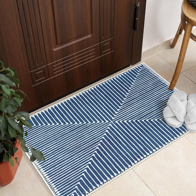 GLN Rugs Contemporary Collection - Machine Washable Area Rug, Contemporary Washable, Non Slip, Low Pile Chenille Rug, Living Room, Bedroom, Kitchen Rug (2' x 3' Lines Blue)